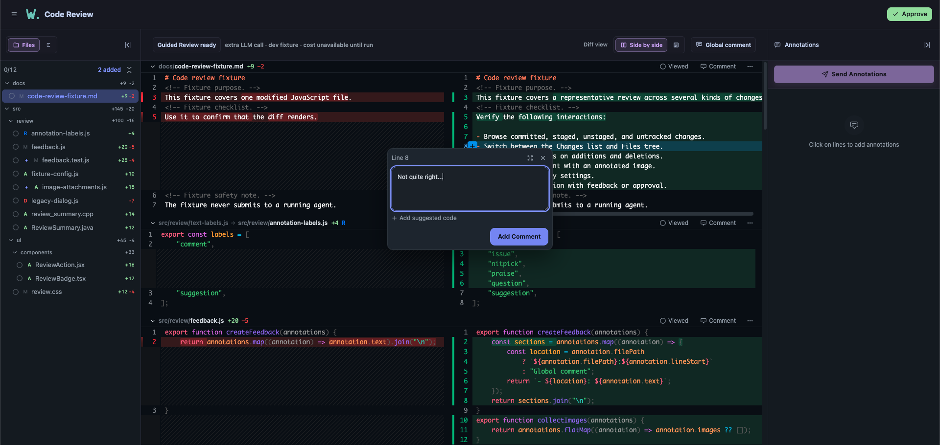 RunWield Code Review showing a side-by-side diff, changed files, inline annotation, Guided Review status, and approval action